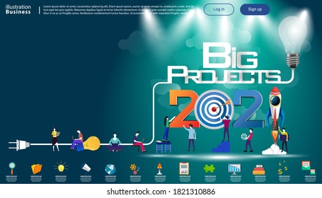 Man and woman think analyze creative   with 2021 Big Projects text, Light bulb,darts shoot Into crotch for success,set icon,drawing charts data,modern Idea concept vector illustration Infographic.