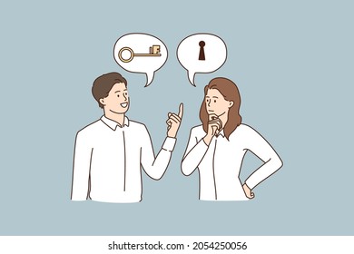 Man and woman think of business problem solution, bubbles with key and lock upwards. Pensive businesspeople make decision, unlock solve strategy or idea. Find answer. Vector illustration. 