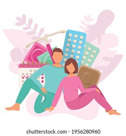 Man And Woman Are Thinking About Contraception Method. Educational Illustration About Contraception. Vector Illustration 