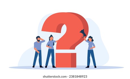 El hombre y la mujer están pensando en problemas. Las personas y sus preguntas conceptualizan la ilustración vectorial. Algunas personas miran el signo de interrogación, mientras otras se miran entre ellas.