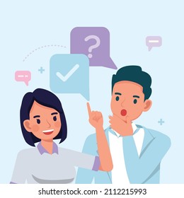 Man and woman thinking about something to find a solution. Questions and answers concept. people character vector design.
