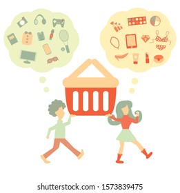 Man and woman thinking about what they want to buy.  Different accessories  different mind of couples for shopping vector