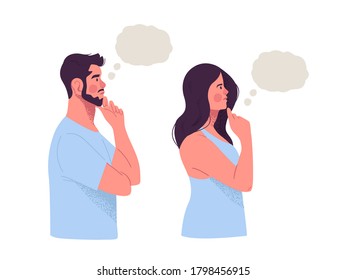 Man and woman thinking with empty thought bubble on isolated background. Modern flat cartoon character illustration.