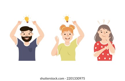 Hombre y mujer pensando y descubriendo algo buscando un conjunto de vectores de ideas