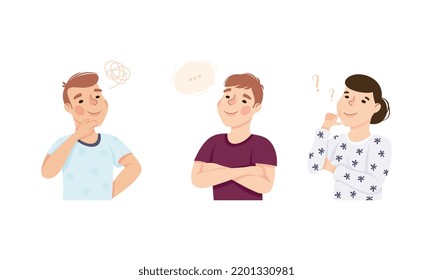 Man and Woman Thinking and Figuring Something out Searching for Idea Vector Set