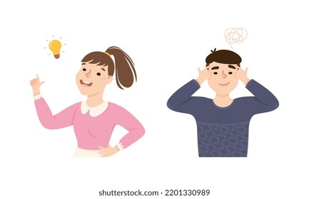 Man and Woman Thinking and Figuring Something out Searching for Idea Vector Set