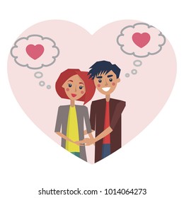 Man and woman thinking of love, icon of heart in thought bubble, girlfriend and boyfriend holding hands of each other, isolated on vector illustration
