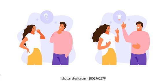 Man and woman thinking on the issue and find the idea. Vector illustration