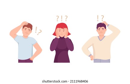 Man and woman thinking with question marks over their heads set. Doubting man and woman thinking about problems vector illustration