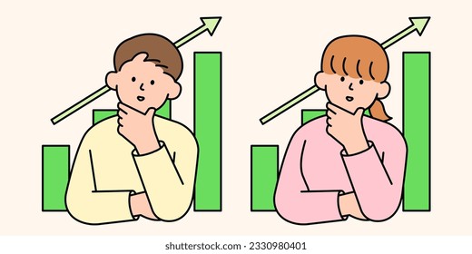 Man And Woman Thinking with Rising Graph in the Background. Simple Style Vector illustration.