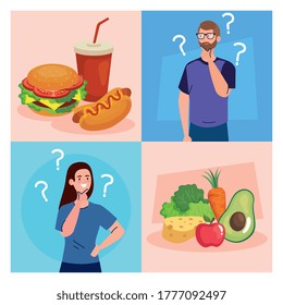 Man And Woman Thinking What To Eat Design, Junk Or Healthy Food Decision Theme Vector Illustration