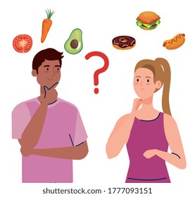 man and woman thinking what to eat design, junk or healthy food decision theme Vector illustration