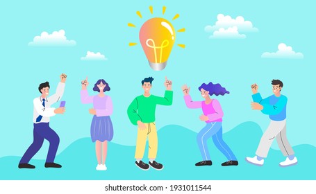 Man and woman thinks of great idea. People holding a big pencil And is walking forward. Good idea reach inspiration motivation, found solution for success at work. Flat Cartoon Vector Illustration.