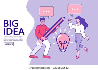 Man and woman thinks of great idea. People holding a big pencil And is walking forward. Good idea reach inspiration motivation, found solution for success at work. Flat Cartoon Vector Illustration.