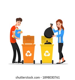 Man and woman throw trash into recycling bins