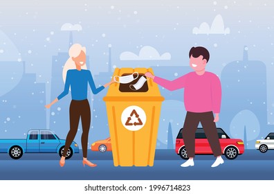 man woman throwing away masks in urn victory over coronavirus pandemic quarantine covid-19 is ending