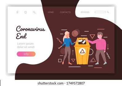 man woman throwing away medical mask in urn couple celebrating victory over coronavirus pandemic quarantine covid-19 is ending concept horizontal copy space full length vector illustration