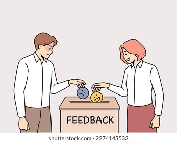 Man and woman throwing emojis into box give positive or negative feedback for service. People like or dislike company service. Vector illustration. 