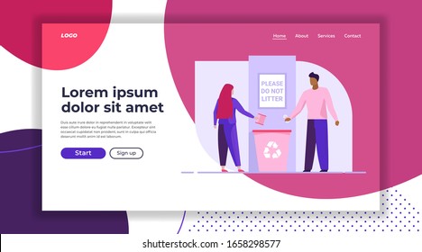 Man and woman throwing litter in recycling bin. Mindful couple tossing garbage flat vector illustration. Ecology, recycling, environment concept for banner, website design or landing web page
