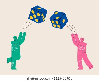 Man and woman throws dice. Colorful vector illustration
