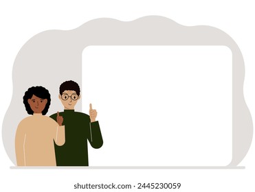 Man and woman with thumbs up. Activists near the poster. Vector flat illustration.