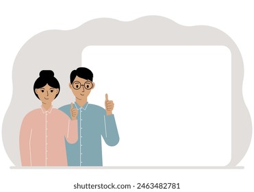 Man and woman with thumbs up. Activists near the poster. Vector flat illustration.