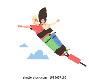 Man And Woman Tied With Bungee Belt In Moment Of Jump, Flat Vector Illustration Isolated On White Background. Bungee Jumping Fun And Extreme Sport Activity.