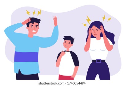 Man and woman tired of migraine. Cartoon people suffering from headache flat vector illustration. Depression and headache concept for banner, website design or landing web page