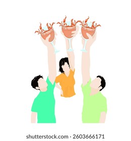 a man and a woman toast together while raising high the cups of drink in their hands