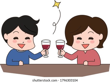 Man and woman toasting glasses of red wine. Isolated on white background.