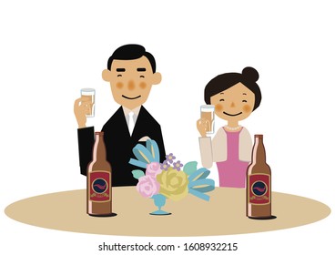 Man and woman are toasting.
Party scene clip art.
People in formal clothes.