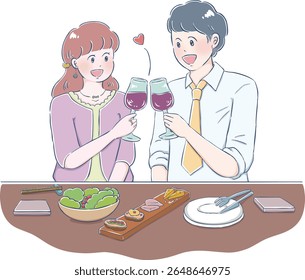 
A man and a woman are toasting in a restaurant. They are celebrating. A happy couple.