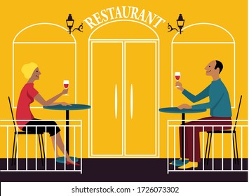 Man and woman toasting sitting at restaurant at different tables, practicing social distancing, EPS 8 vector illustration 