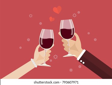 Man and woman toasting a wine glasses. Romantic moment