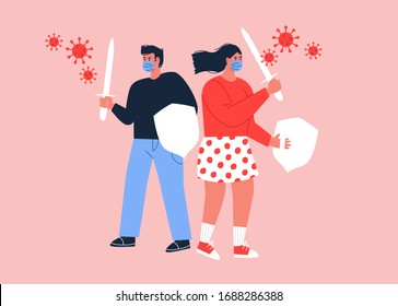 Man and woman together fighting coronavirus disease with shield on isolated background. Health protection concept, people against covid-19 illness. Safety precautions or risk prevention illustration.