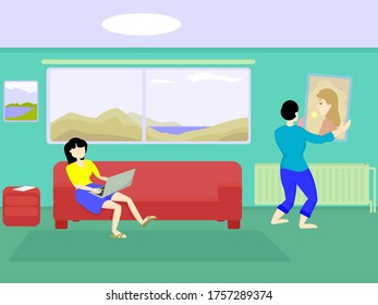 man and woman together at home. woman working from home on computer and man in his free time hanging a picture on the wall.Vector flat illustration