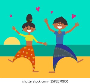 Man and woman together on a background of the sea. Cartoon. Vector illustration.
