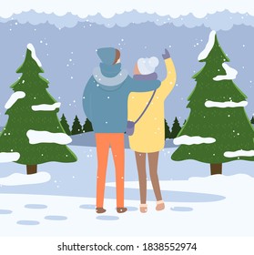 Man and woman together in snow covered park vector illustration. A couple enjoys the snowfall. People standing and hugging outdoor in cold weather in winter landscape with coniferous trees, winter fun