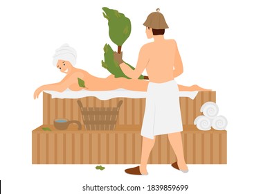 Man and woman together in a steam room. Sauna for the whole family. Spa treatments for body cleansing. Vector in a flat style isolated on white.