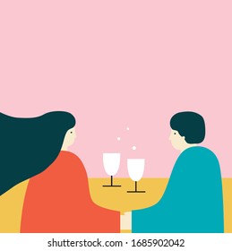 Man and woman together vector poster.Wedding invitation vector simple style. Romantic illustration of people. Glass of champagne art. Love set vector art