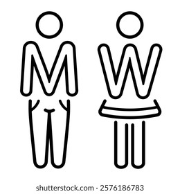 Man woman toilet restroom, male female public WC lavatory sign, boy and girl gender couple, washroom door signage line icon. Lady, gentleman person figure. Hygiene bathroom, water closet room. Vector