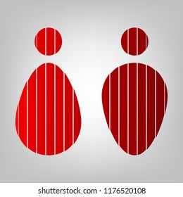 Man and woman - toilet, restroom. Vector. Vertically divided icon with colors from reddish gradient in gray background with light in center.