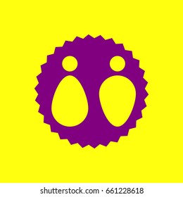 Man and woman - toilet, restroom. Vector. Violet label with hole as icon on yellow background.