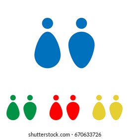 Man and woman - toilet, restroom. Vector. Big blue flat icon with red, green and yellow small icons at white background. Isolated.