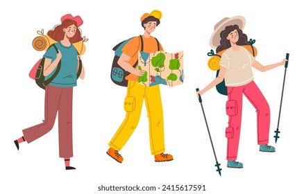 Man woman tourist campers people characters isolated set. Vector flat graphic design isolated illustration