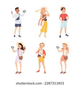 Man and Woman Tourist Character on Excursion or Sightseeing Tour with Bag and Camera Vector Set