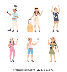 Man and Woman Tourist Character on Excursion or Sightseeing Tour with Bag and Camera Vector Set