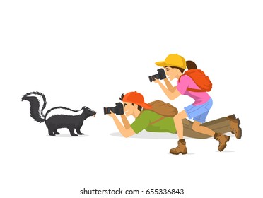 Man and woman tourist travelers photographers taking photo of skunk animals, isolated vector illustration