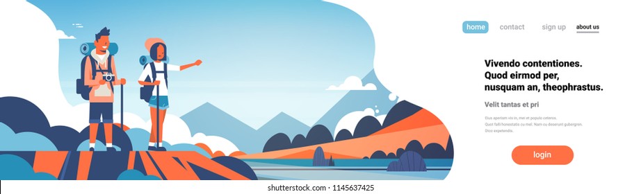 man woman tourists backpacks over beautiful nature landscape background couple hiking horizontal banner flat copy space full length vector illustration