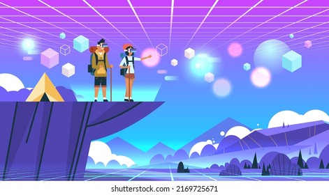 man woman tourists couple with backpacks wearing virtual reality digital glasses vr vision headset innovation metaverse hiking